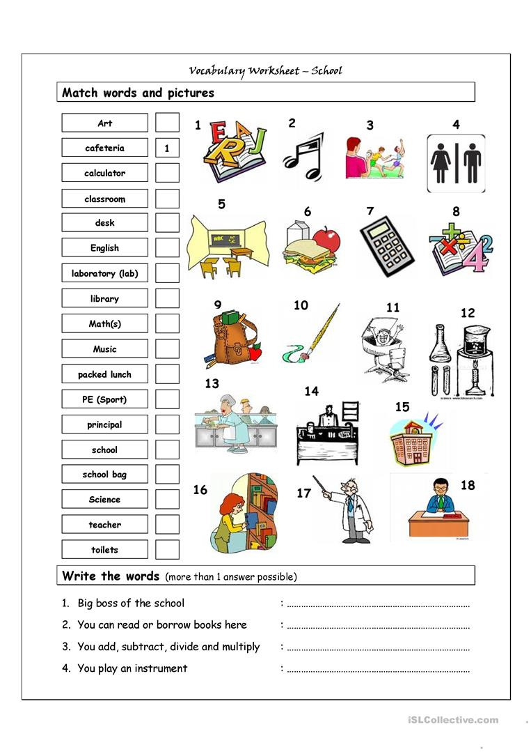Vocabulary Matching Worksheet  School  English Esl Worksheets