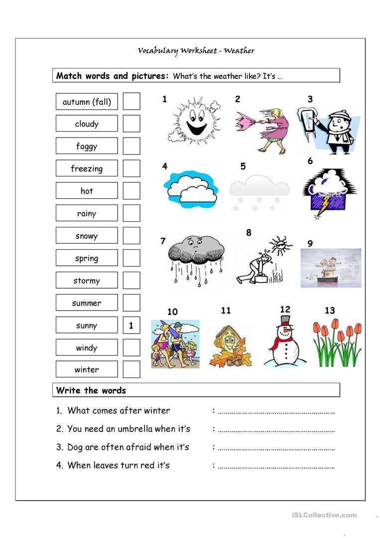Vocabulary Matching Worksheet  Weather  English Esl Worksheets