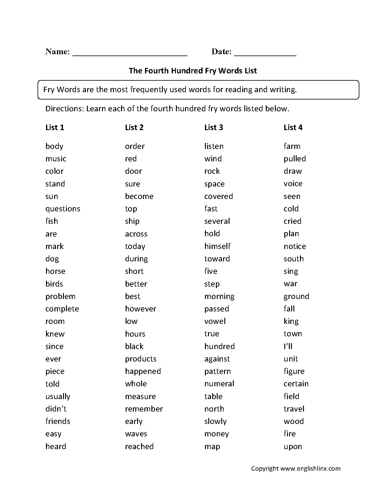 6th grade sight words worksheets