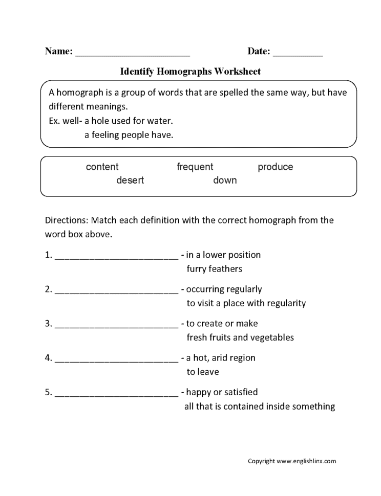 Vocabulary Worksheets  Homograph Worksheets