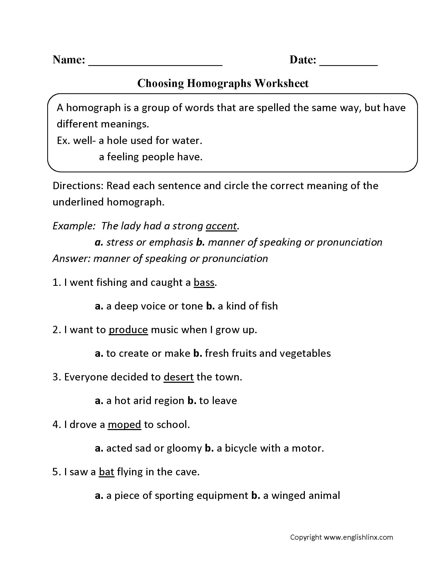 Vocabulary Worksheets  Homograph Worksheets