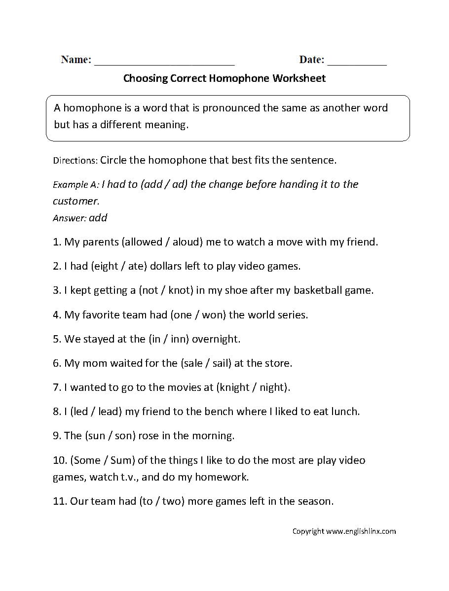 Vocabulary Worksheets  Homophone Worksheets