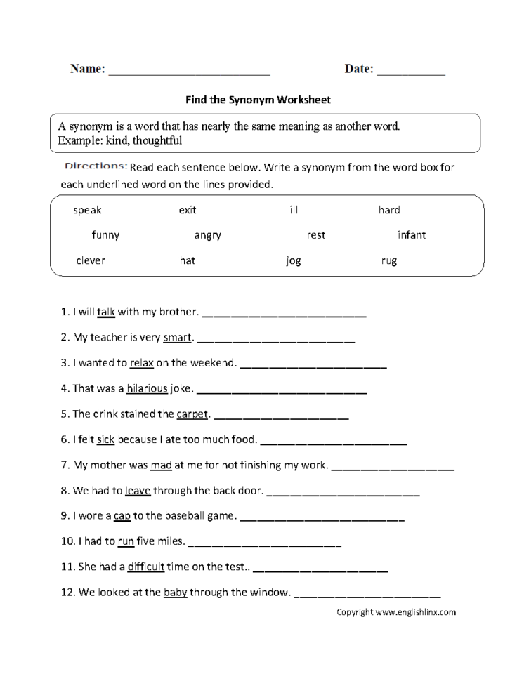 Vocabulary Worksheets  Synonym And Antonym Worksheets