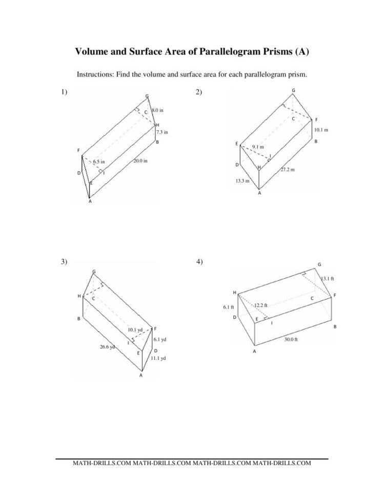 Volume And Surface Area Of Parallelogram Prisms A