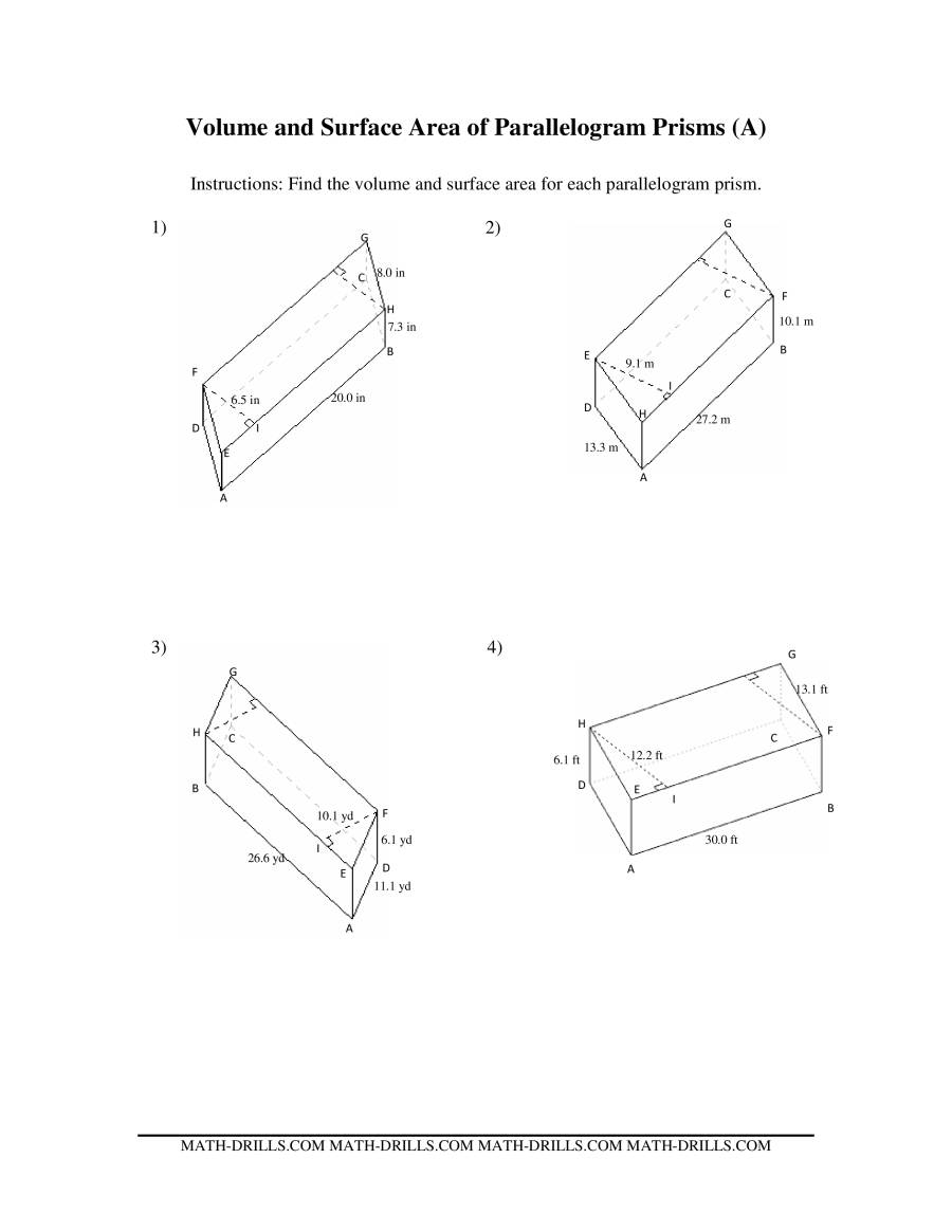 Volume And Surface Area Of Parallelogram Prisms A