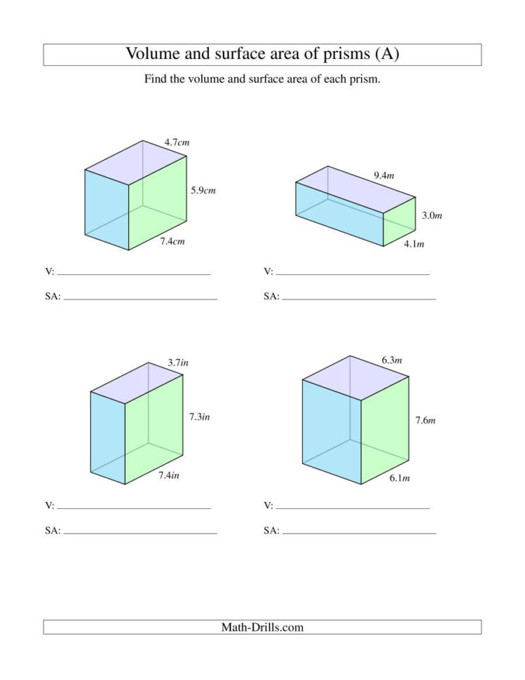 Volume And Surface Area Of Rectangular Prisms With Decimal Numbers A