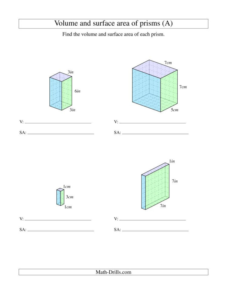 Volume And Surface Area Of Rectangular Prisms With Whole Numbers A