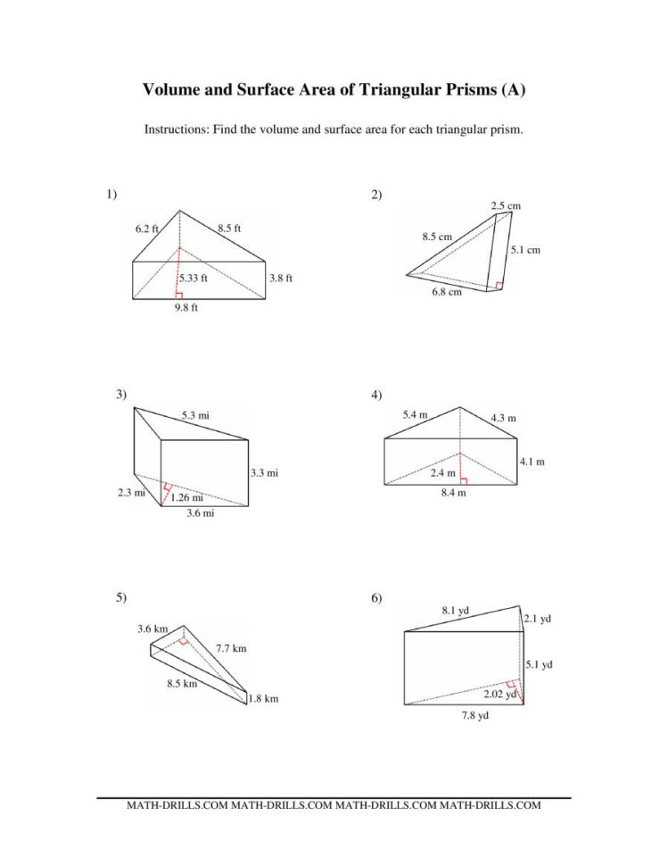 Volume And Surface Area Of Triangular Prisms A