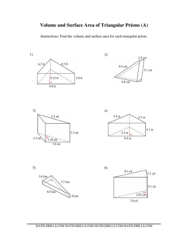 Volume And Surface Area Of Triangular Prisms A