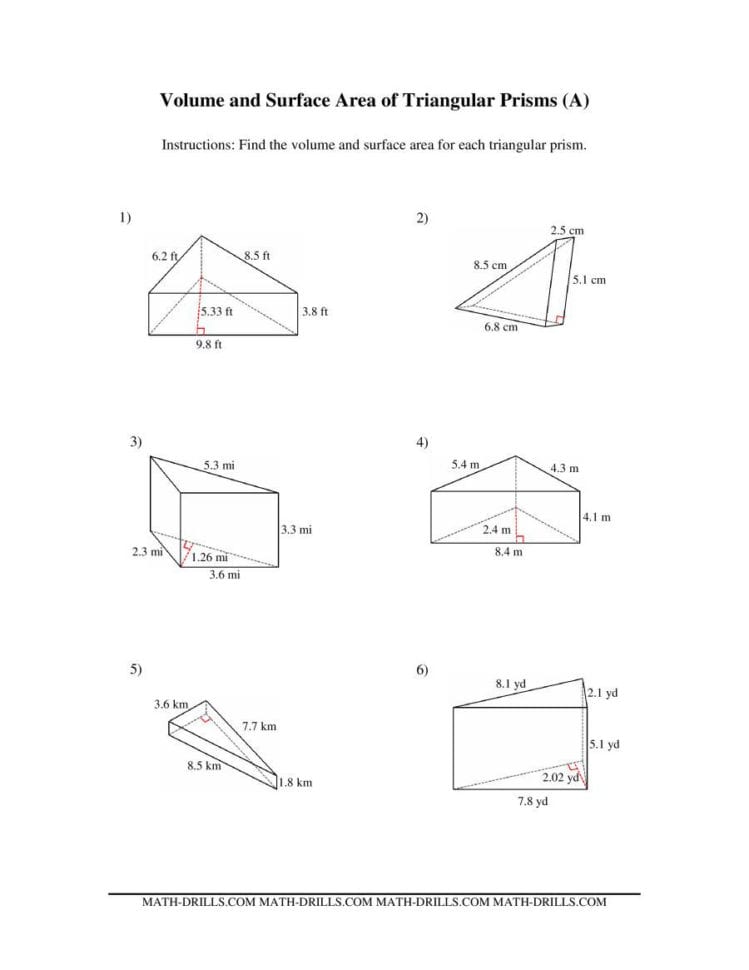 Volume And Surface Area Of Triangular Prisms A Volume And Surface Area Of Triangular Prisms A