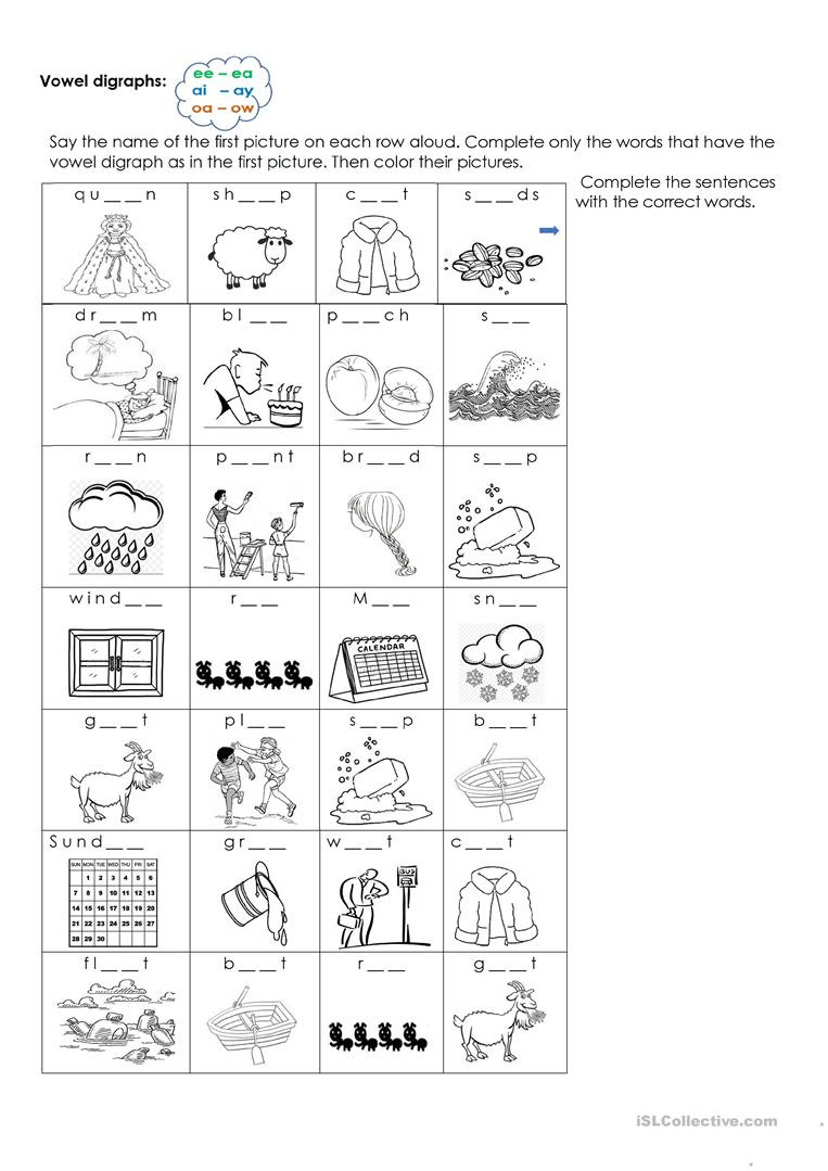 Vowel Digraphs Eeea  Aiay Oaow  English Esl Worksheets