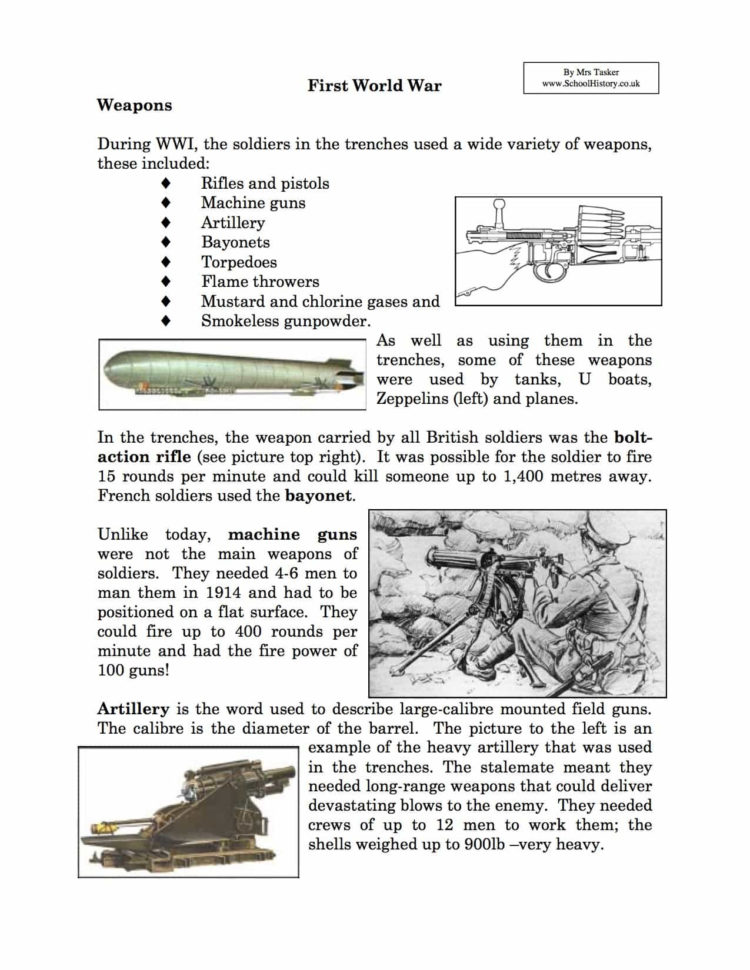 Weapons Used In World R I Facts  Information Worksheet