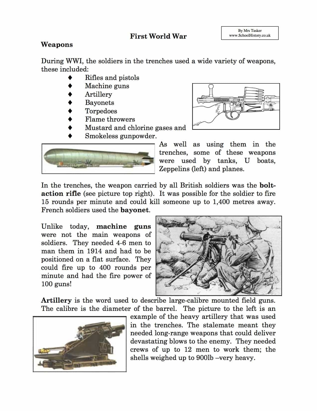 Weapons Used In World R I Facts  Information Worksheet