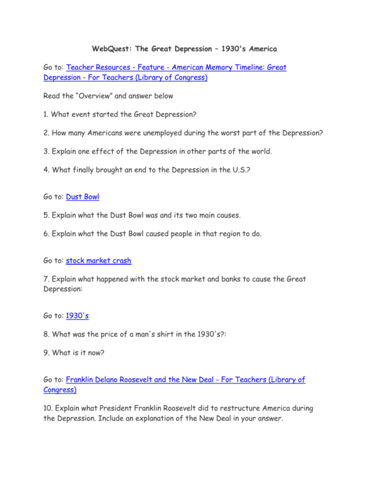 Webquest The Great Depression – 1930S America Go To Teacher