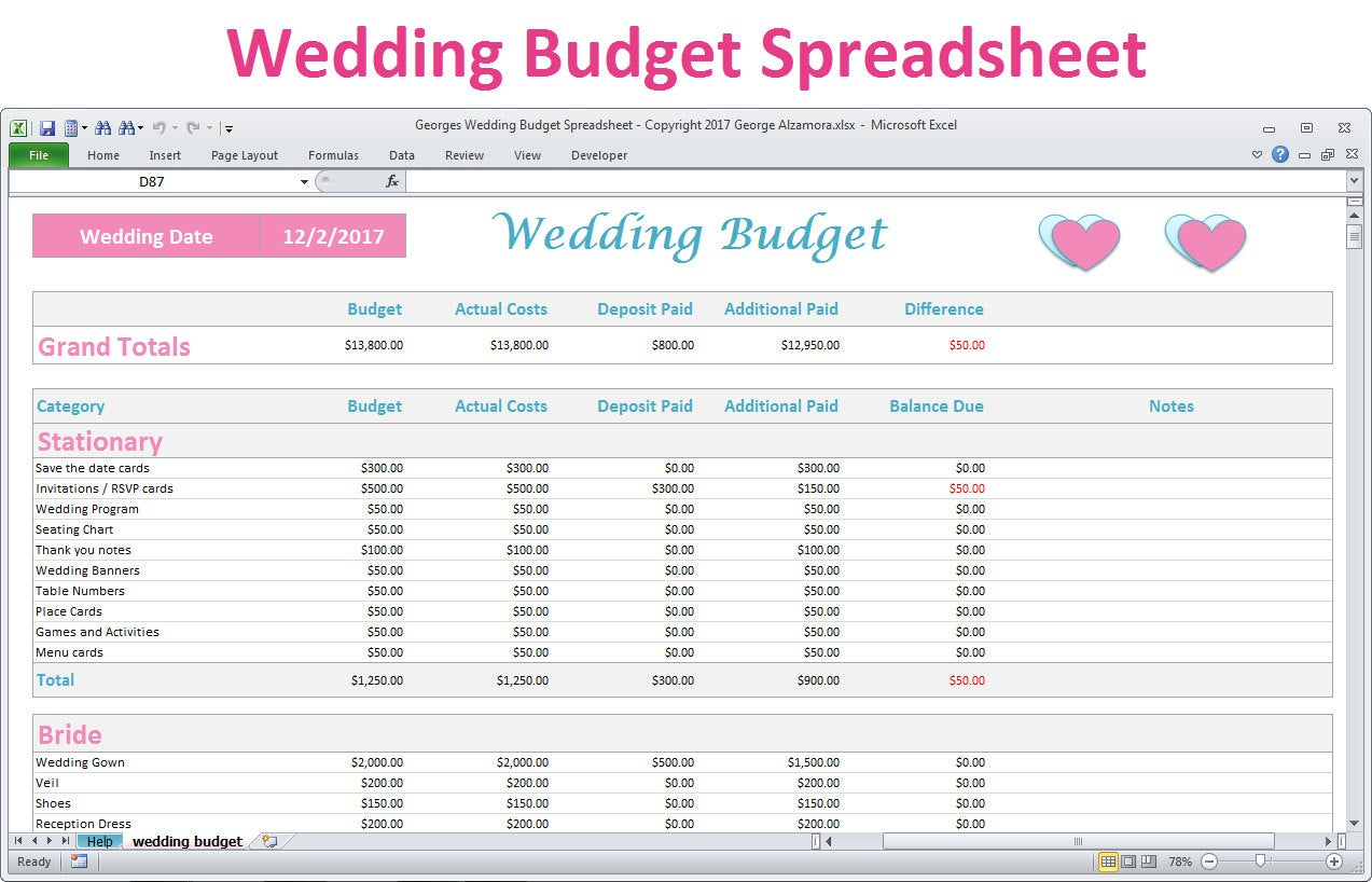 Wedding Budget Spreadsheet Planner Excel Wedding Budget Worksheet 