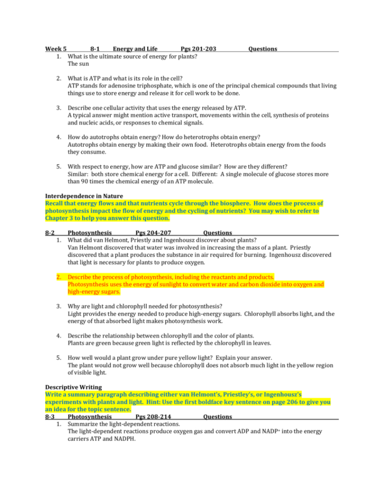 Week 5 81 Energy And Life Pgs 201