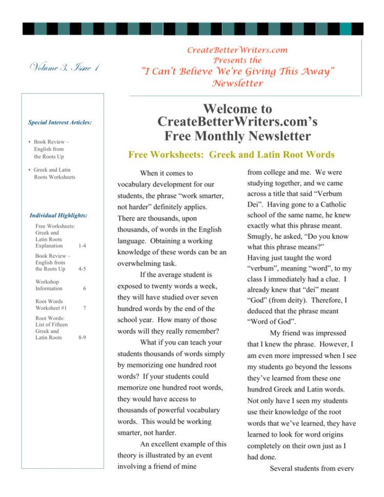 Welcome To Createbetterwriters's Free Monthly Newsletter