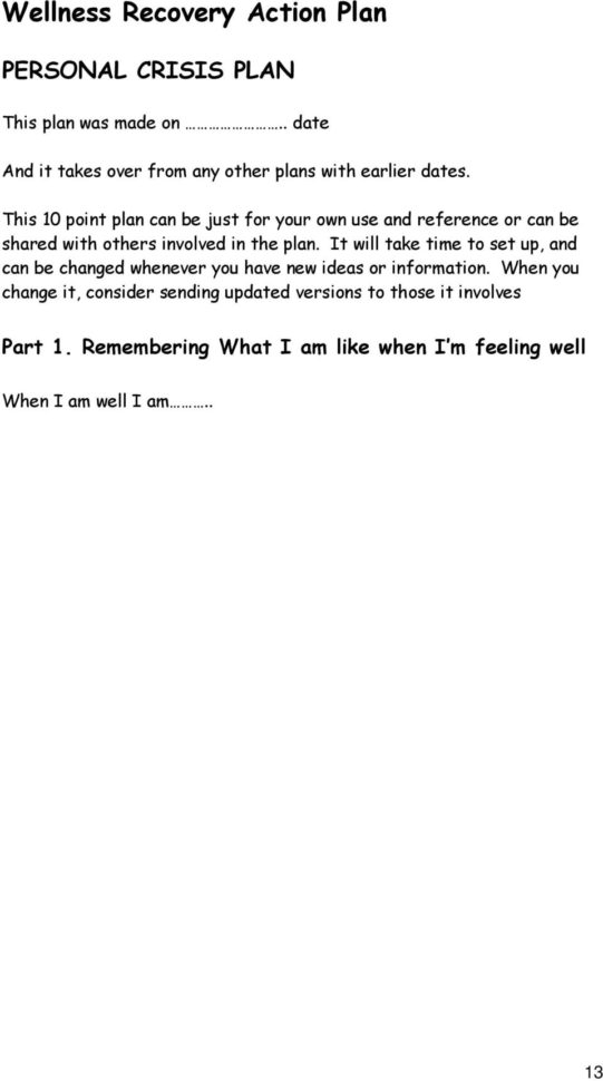 Wellness Recovery Action Plan Wrap Personal Workbook  Pdf