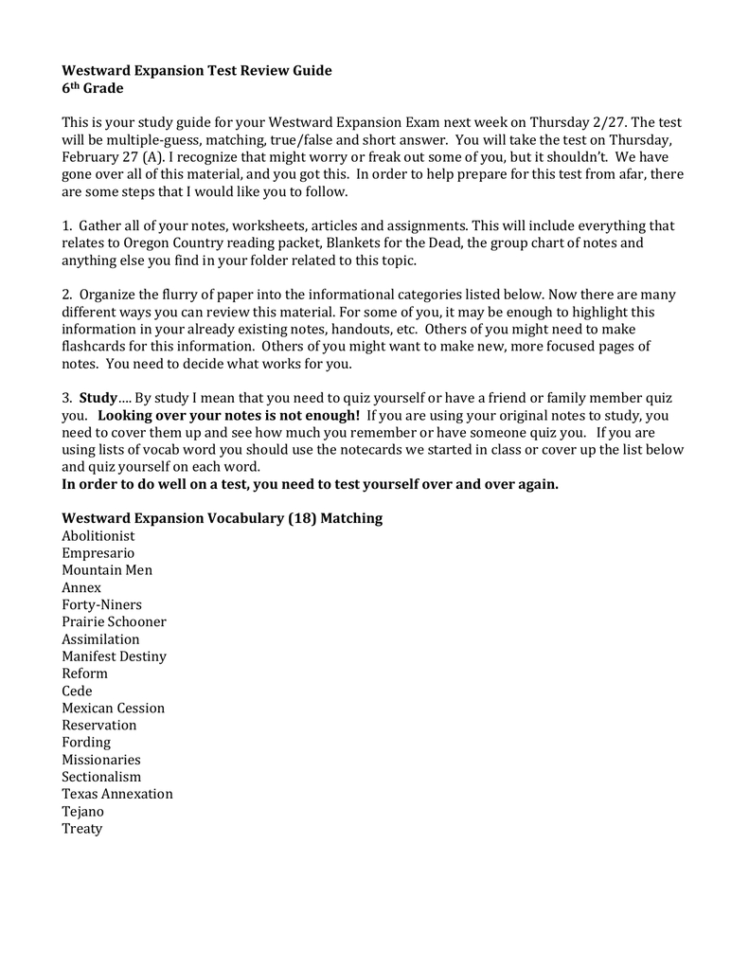 Westrd Expansion Test Review Guide 6Th Grade This Is Your