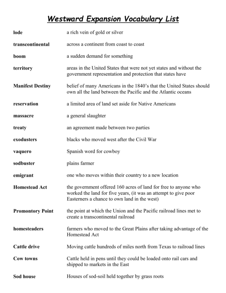 Westrd Expansion Vocabulary List