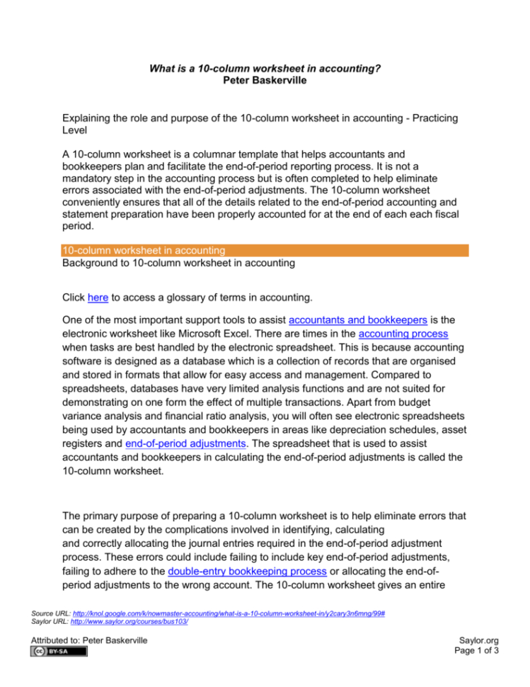 What Is A 10Column Worksheet In Accounting