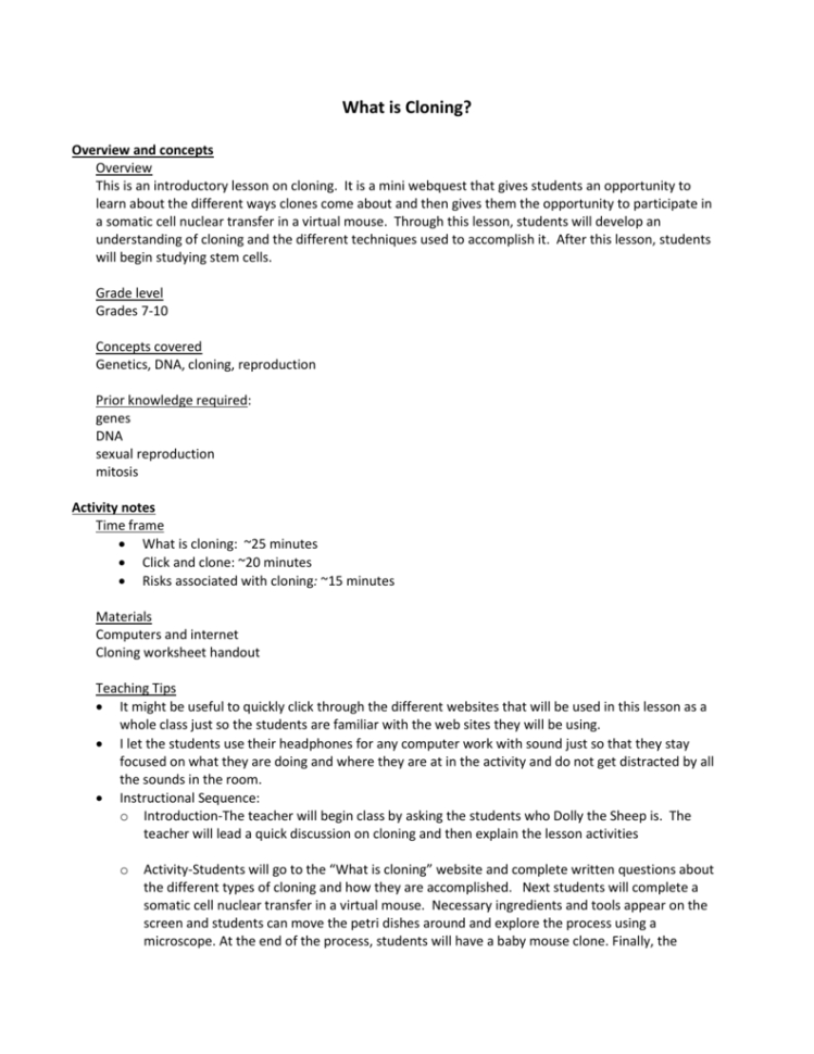 What Is Cloning Teacher Notes What Is Cloning Teacher Notes