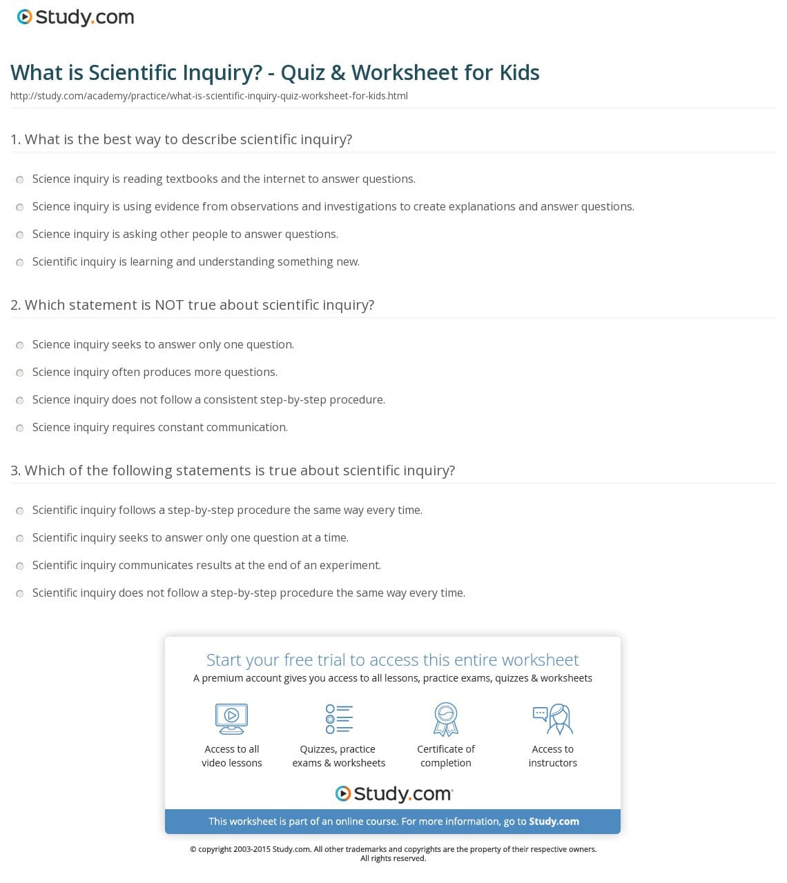 What Is Scientific Inquiry  Quiz  Worksheet For Kids