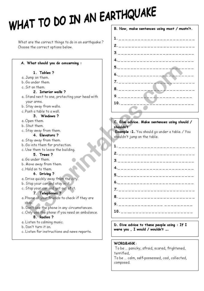What To De In An Earthquake  Esl Worksheetmistick
