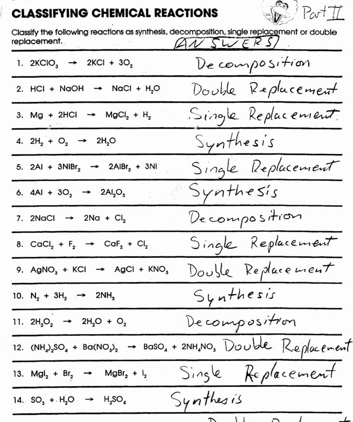 Types Of Chemical Reaction Worksheet Ch 7 Answers