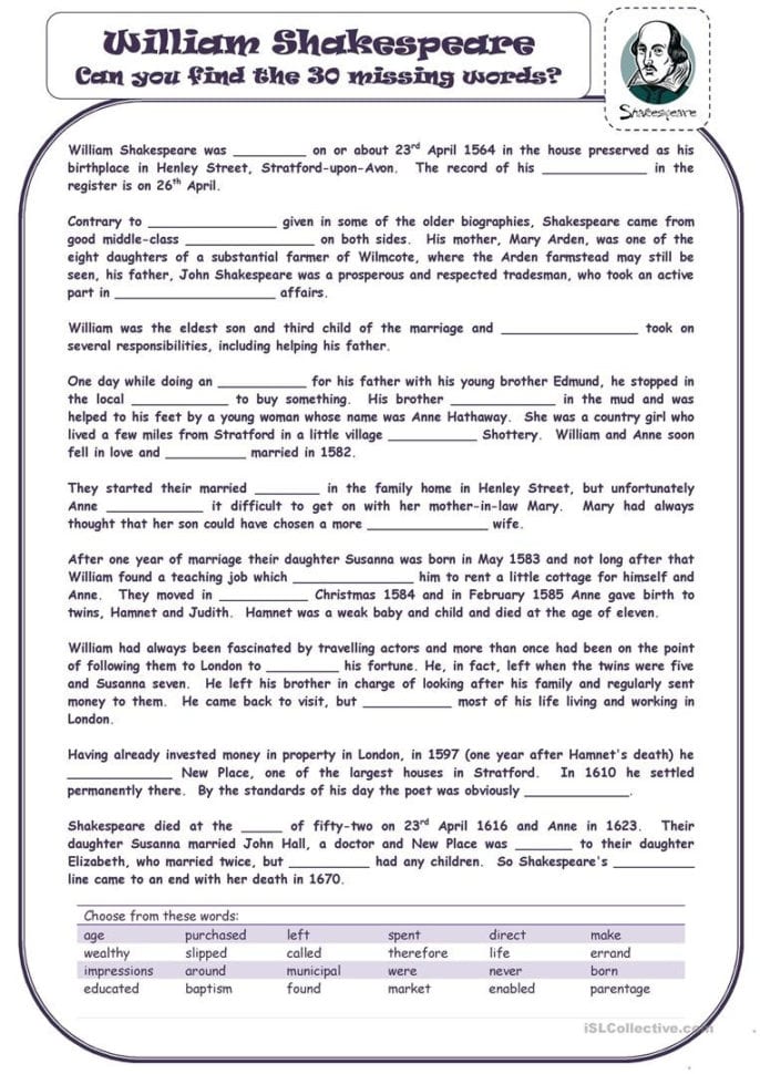William Shakespeare  English Esl Worksheets