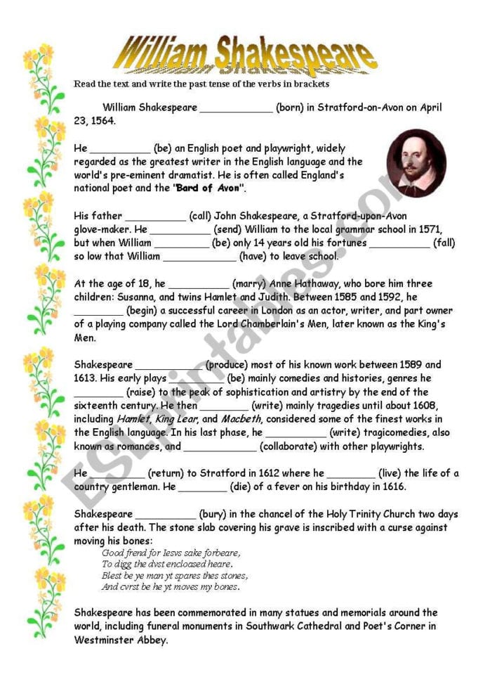 William Shakespeare  Esl Worksheetlotas