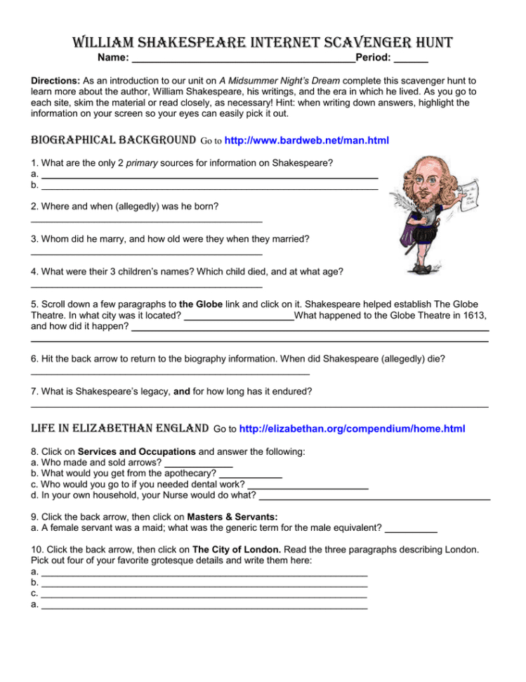 William Shakespeare Internet Scavenger Hunt Name