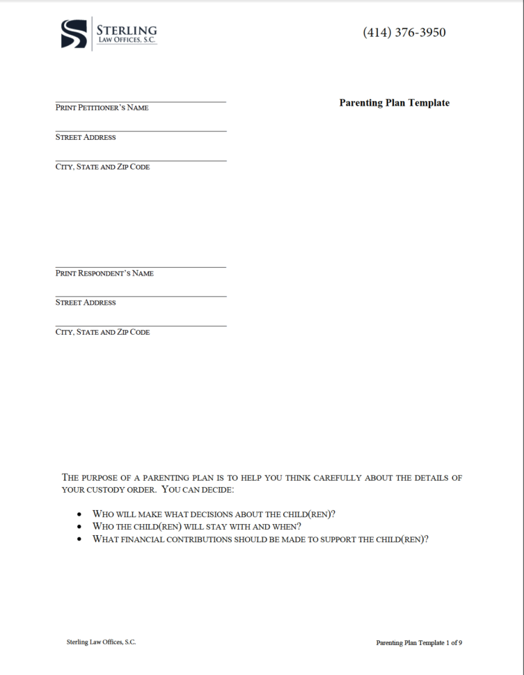 Wisconsin Parenting Plan   Sterling Law Offices Sc