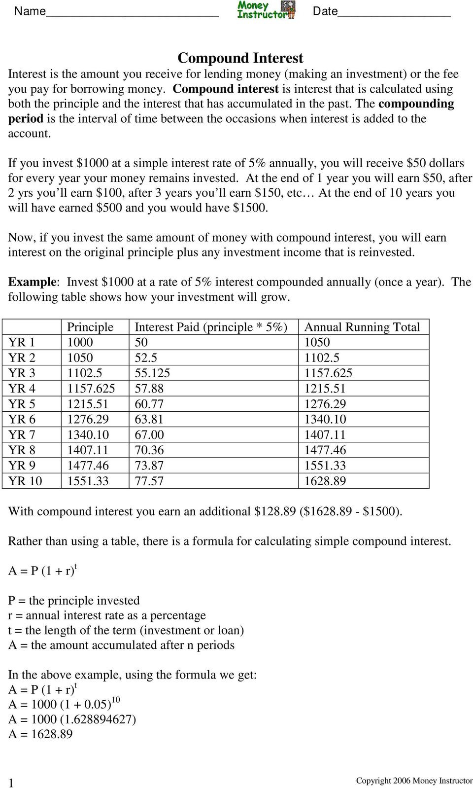 Continuous Compound Interest Worksheet With Answers Db excel