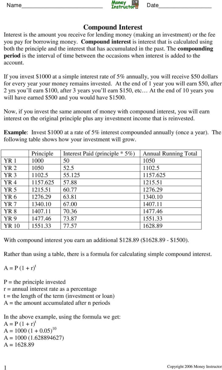 Compound Interest Worksheet Answers