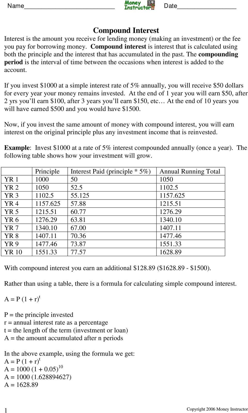 Compound Interest Worksheet Answers Db excel