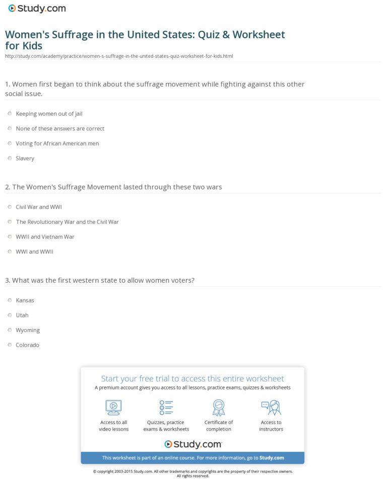 Women's Suffrage In The United States Quiz  Worksheet For Kids