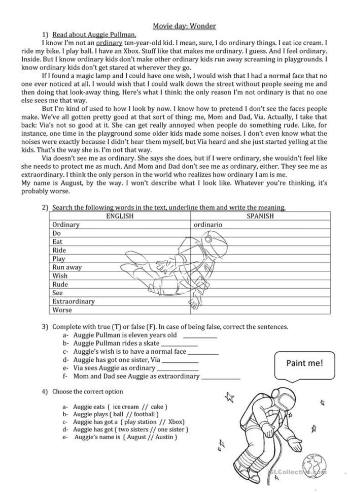 Wonder Movie Reading Activity  English Esl Worksheets