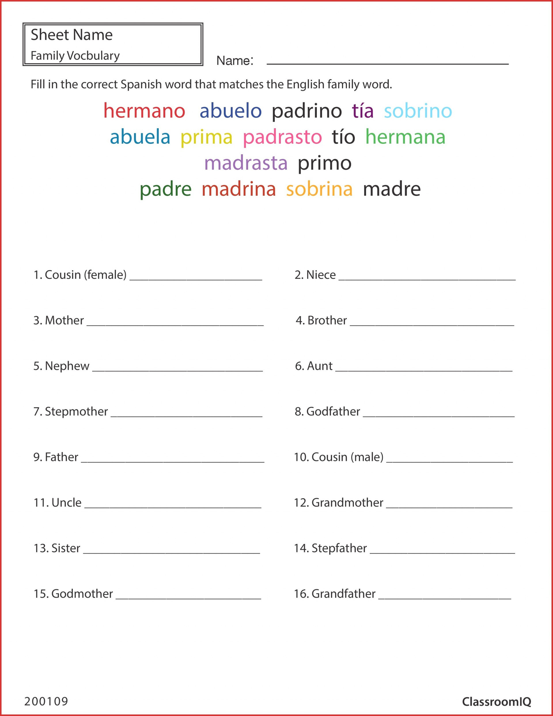 Wonderful Family Spanish Words Printables Printable Word