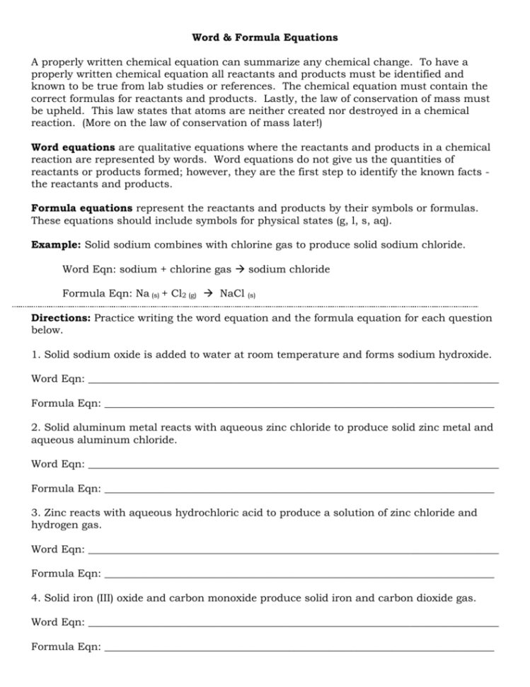 Word And Formula Equations Worksheet