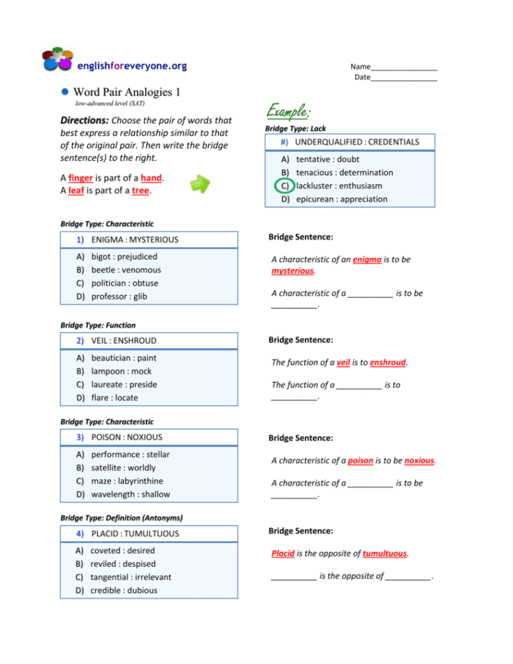 Word Pair Analogies Low Advanced