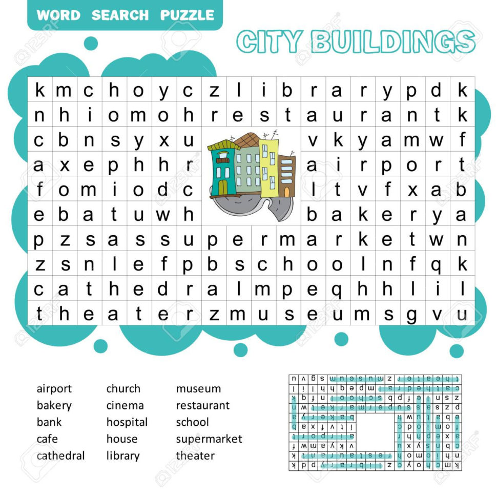 Word Search Puzzle Vector Game About City Buildings Worksheet