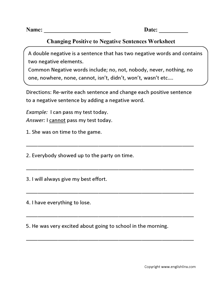 Word Usage Worksheets  Negatives Worksheets