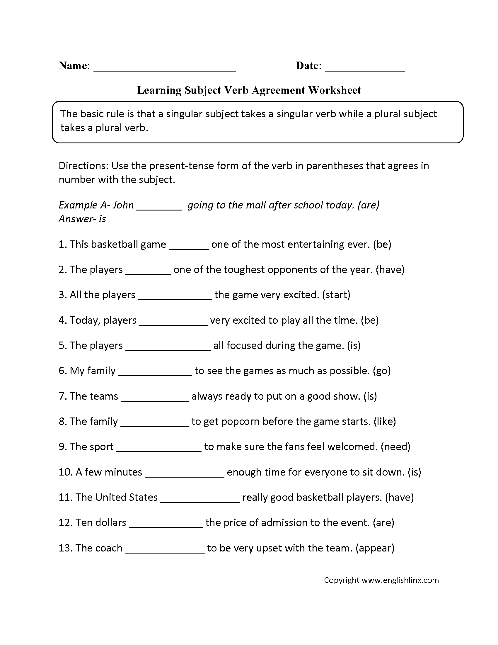 Word Usage Worksheets  Subject Verb Agreement Worksheets