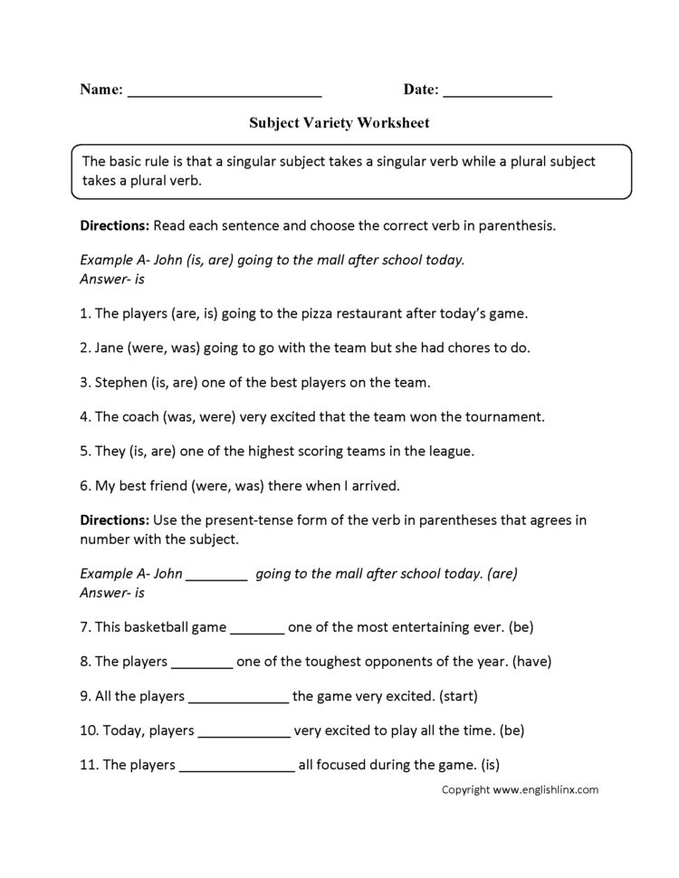 Word Usage Worksheets  Subject Verb Agreement Worksheets