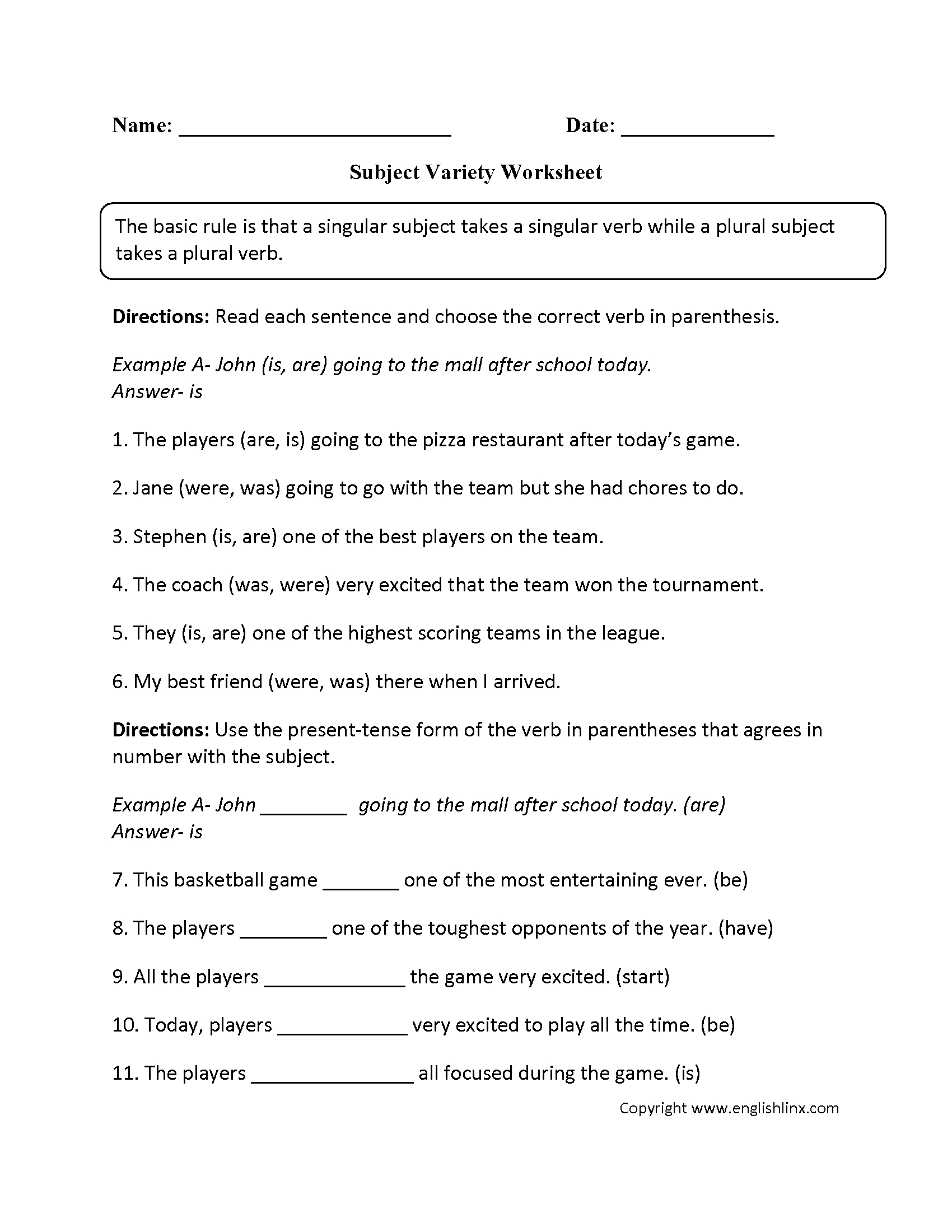 Word Usage Worksheets  Subject Verb Agreement Worksheets