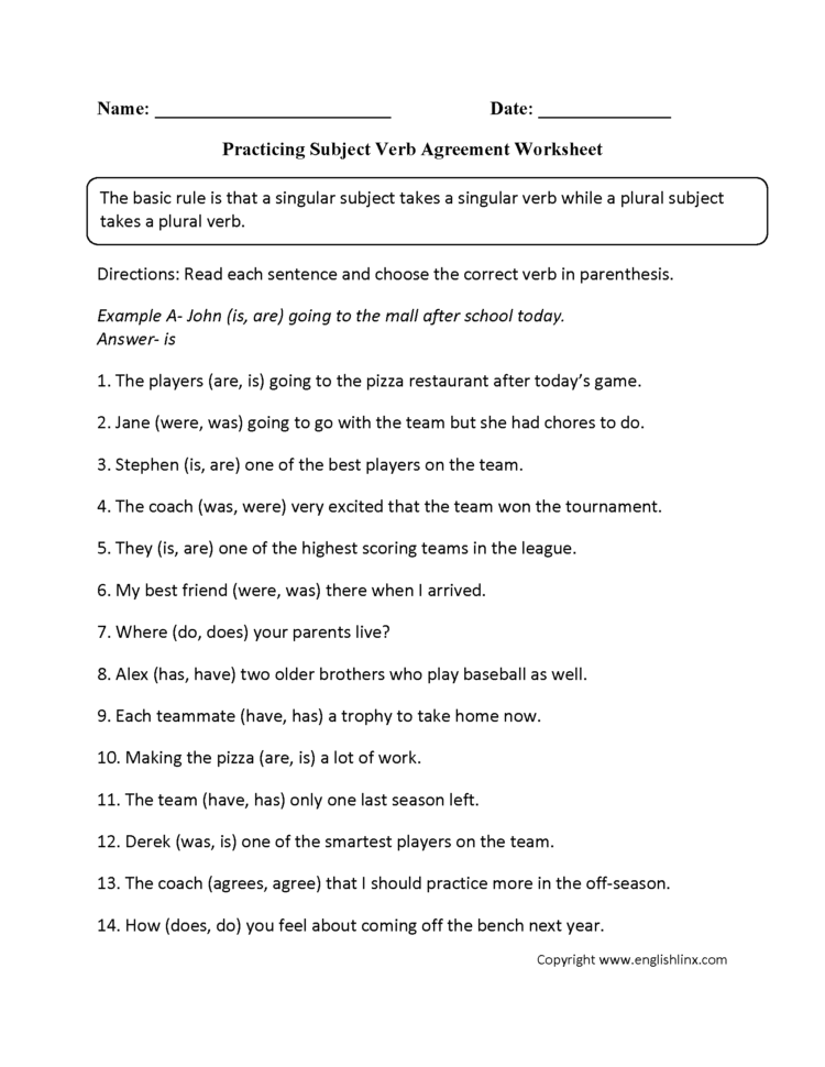 Word Usage Worksheets  Subject Verb Agreement Worksheets