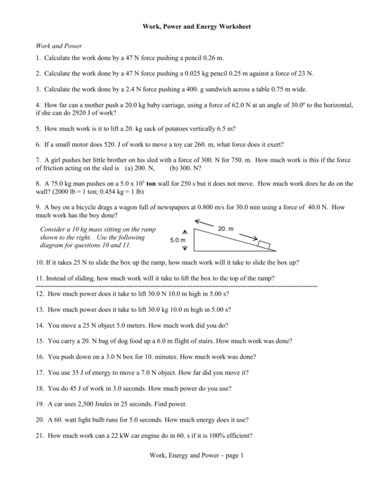 Work And Energy Worksheet  Redwoodsmedia