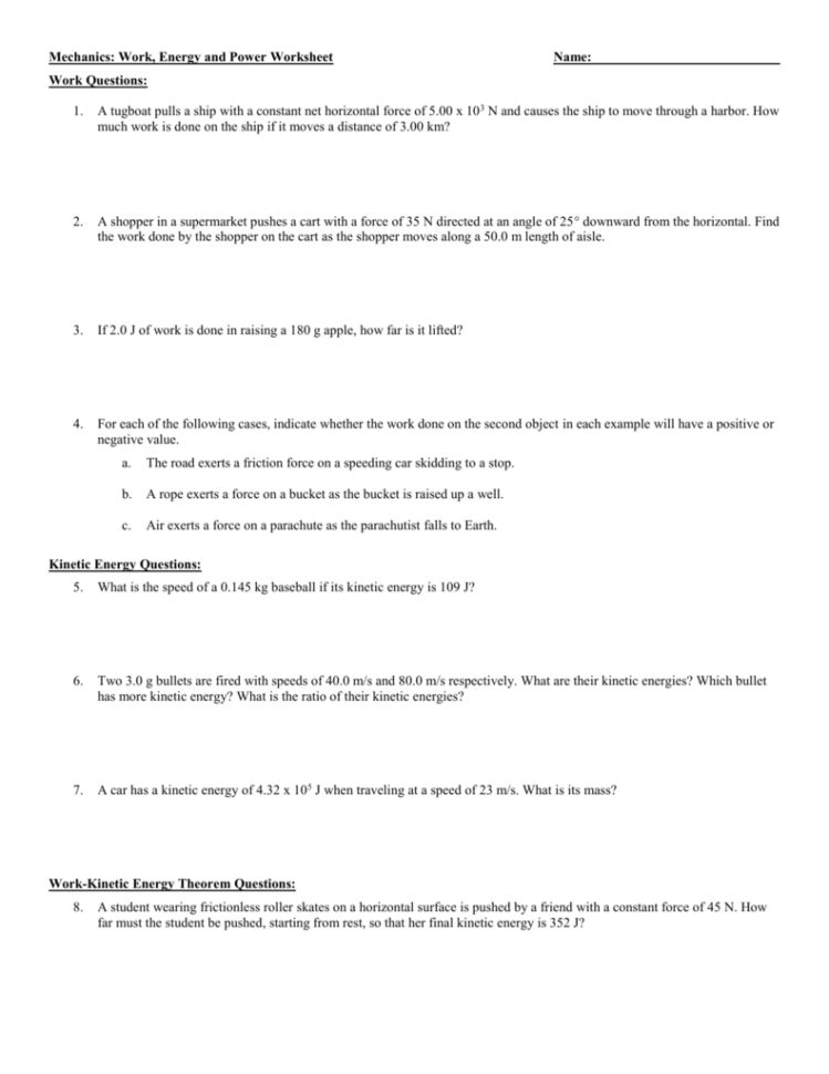 Work And Energy Worksheet  Soccerphysicsonline