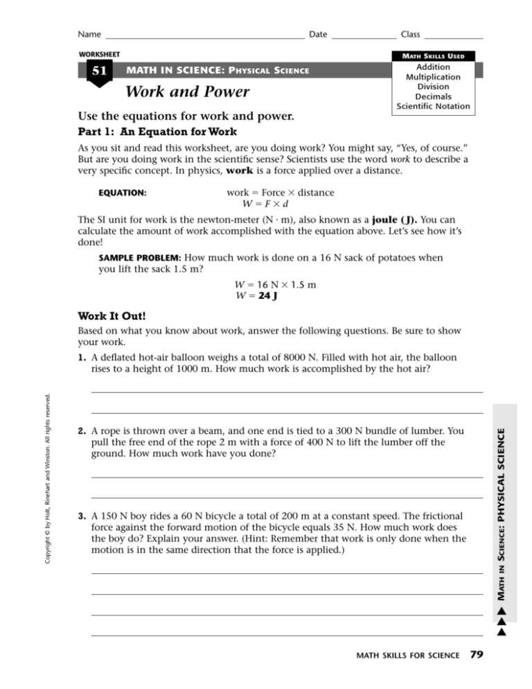 Physical Science Work And Power Worksheet Answers — db-excel.com